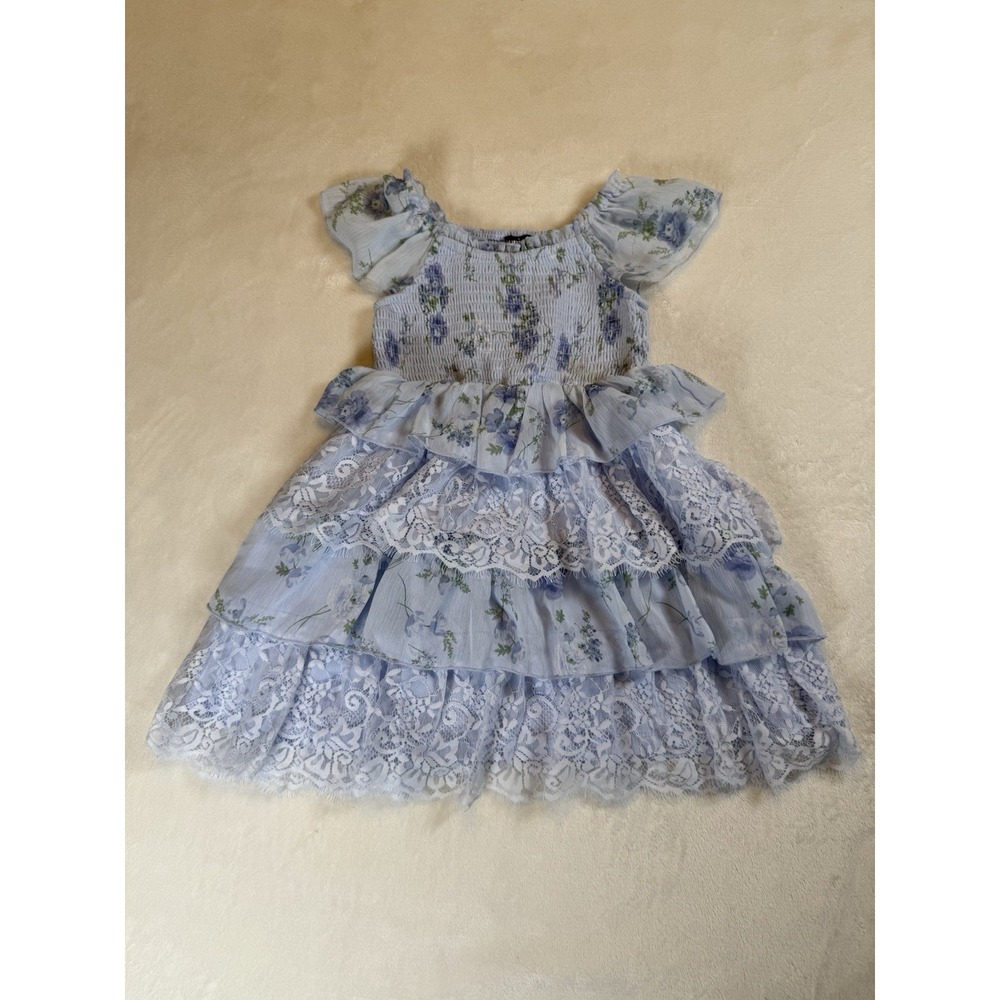 Zunie Girls 3T Blue Floral Chiffon Lace Tiered Dress Smocked Flutter Sleeve